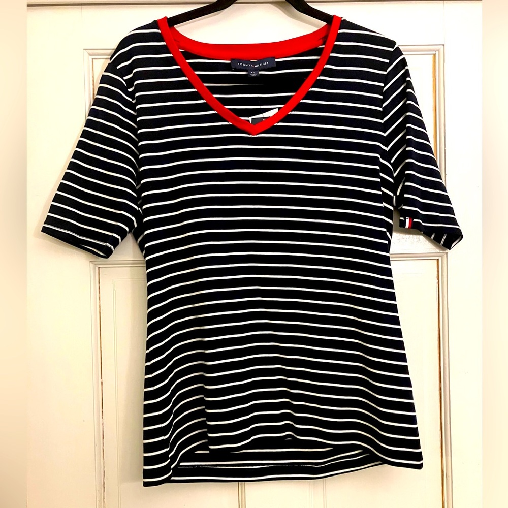 Tommy Hilfiger navy/white stripe v-neck top, red trim on v-neck